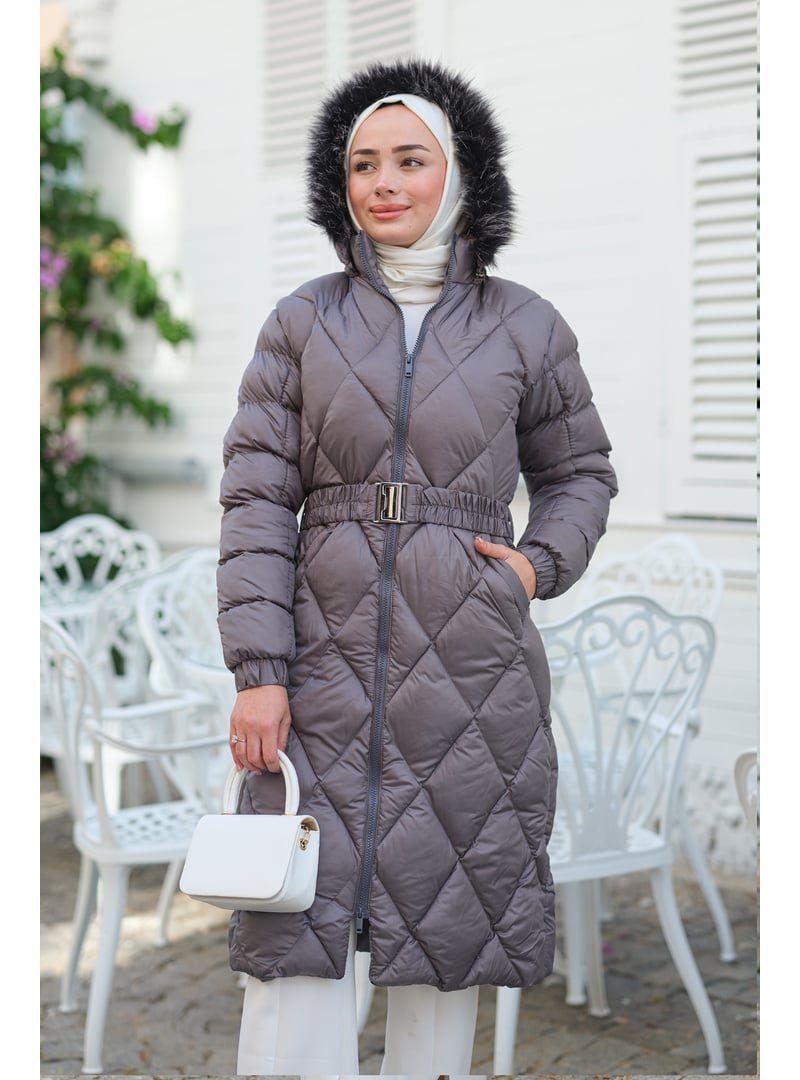 Locco Moda Gri Baklava Desenli Bel Bağlamalı Mont
