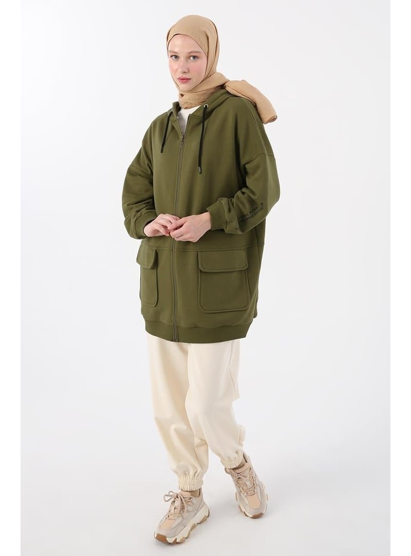 Allday Haki Cepli Kapüşonlu Oversize Sweat Hırka