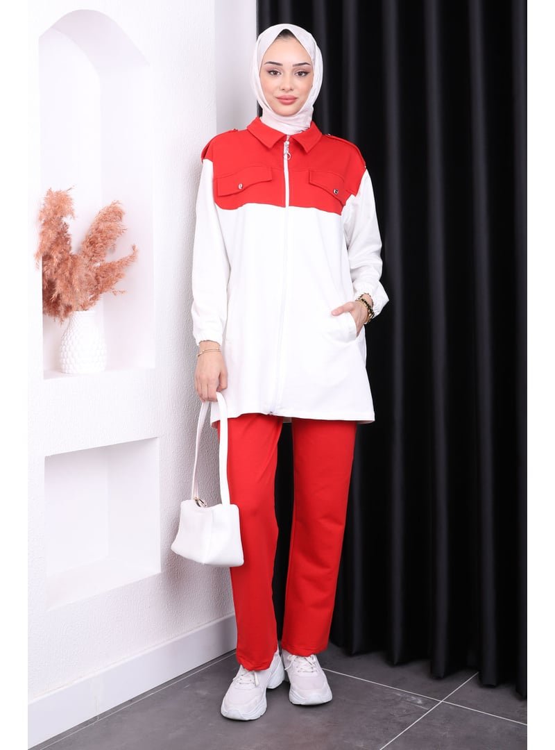 İmaj Butik Kırmızı Fermuarlı Pantolonlu İki İplik Takım