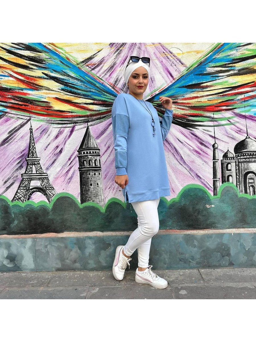 Payas Kolu Kot Ve Kolye Detaylı Tunik Mavi