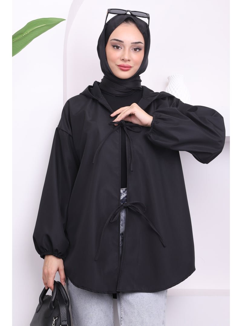 İmaj Butik Siyah Ön Bağlamalı Kapüşonlu Kısa Trençkot