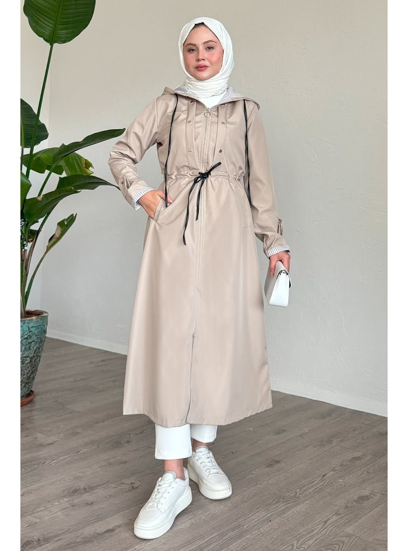 InStyle Çakımlı Çizgili Desen Uzun Taş Trençkot
