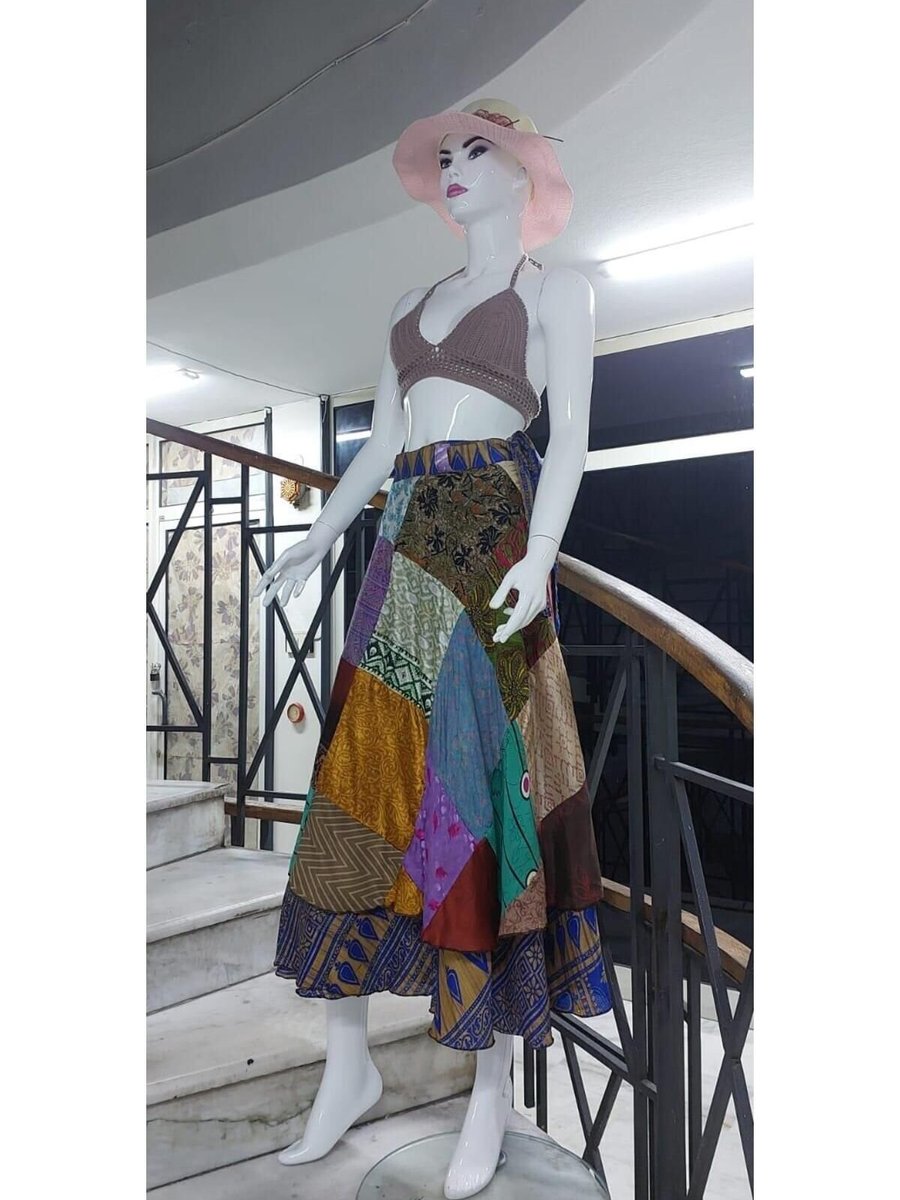 Bohem Stil Mavi Hint Patchwork Ters Yüz Kullanılabilen Yazlık Anvelop Uzun Etek