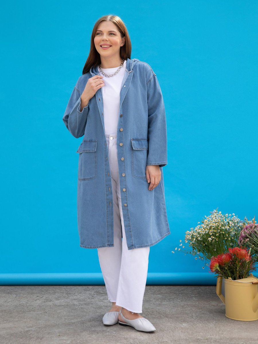 Alia Büyük Beden Kapüşon Detaylı Denim Kap / Pardesü Mavi