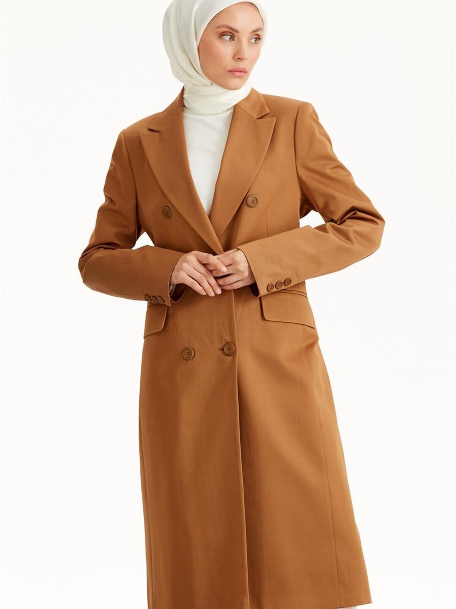 Tuğba Kruvaze Yaka Uzun Blazer Ceket Camel
