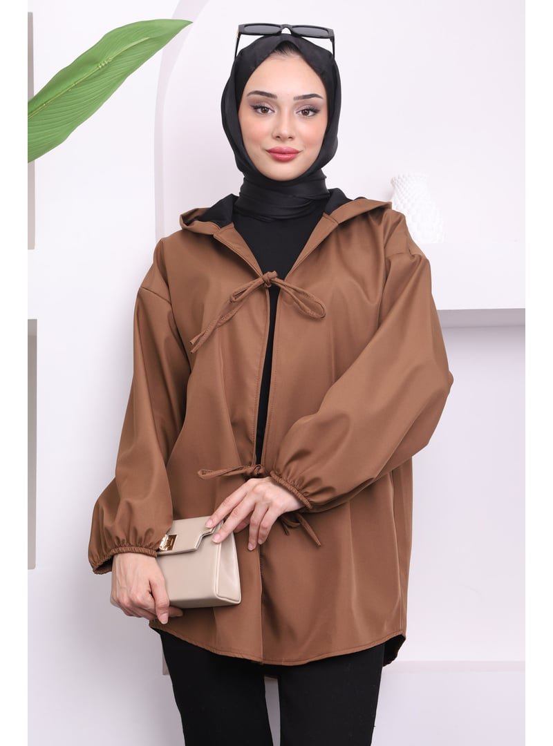İmaj Butik Taba Ön Bağlamalı Kapüşonlu Kısa Trençkot