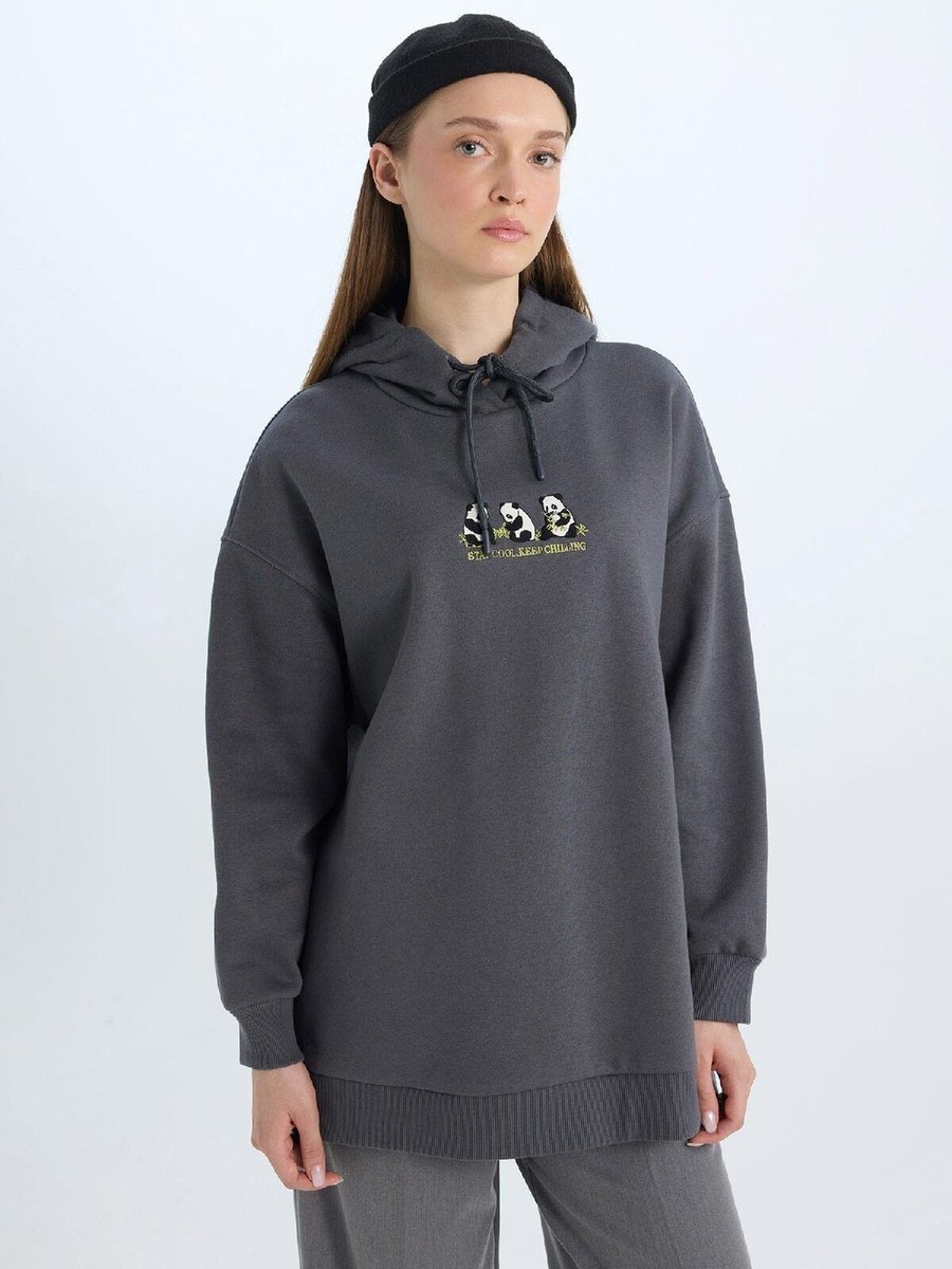 Defacto Regular Fit Kapüşonlu Baskılı İçi Yumuşak Tüylü Kalın Sweatshirt Tunik E0317ax24wn