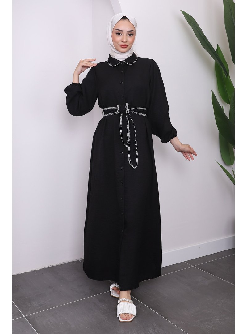İmaj Butik Siyah Düğmeli Kuşaklı Kol Lastikli Elbise