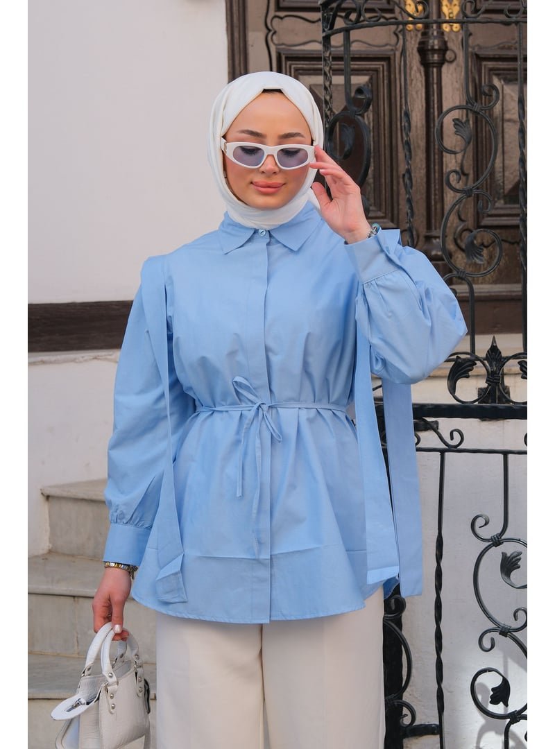 Locco Moda Açık Mavi Pile Detay Önü Gizli Düğmeli Gömlek