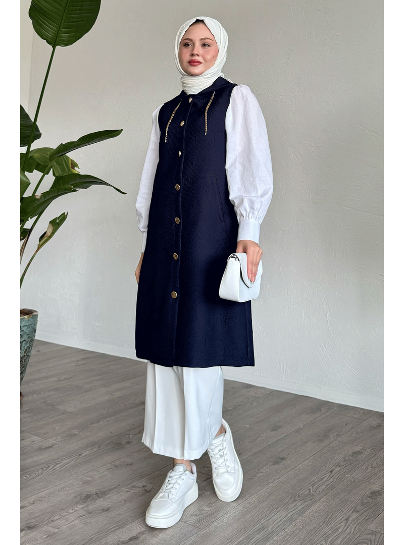 InStyle Lacivert Jakar Kapitone Zincir Detaylı Yelek