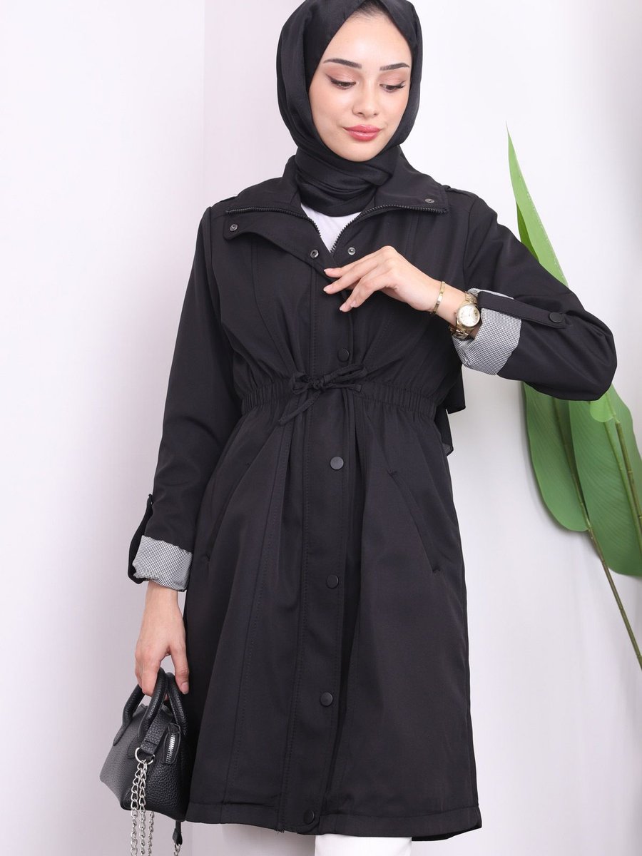 İmajbutik Siyah Cepli Ön Fermuarlı Trençkot