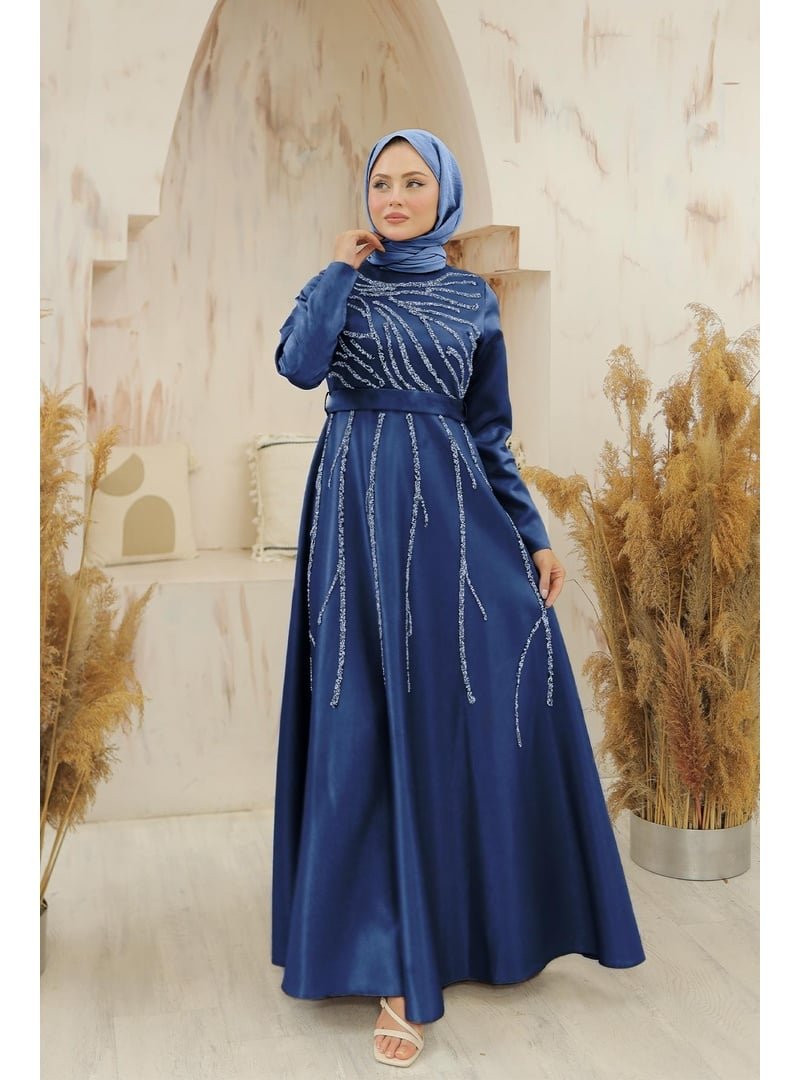 Hakimoda İndigo Büyük Beden Kayre Saten Abiye