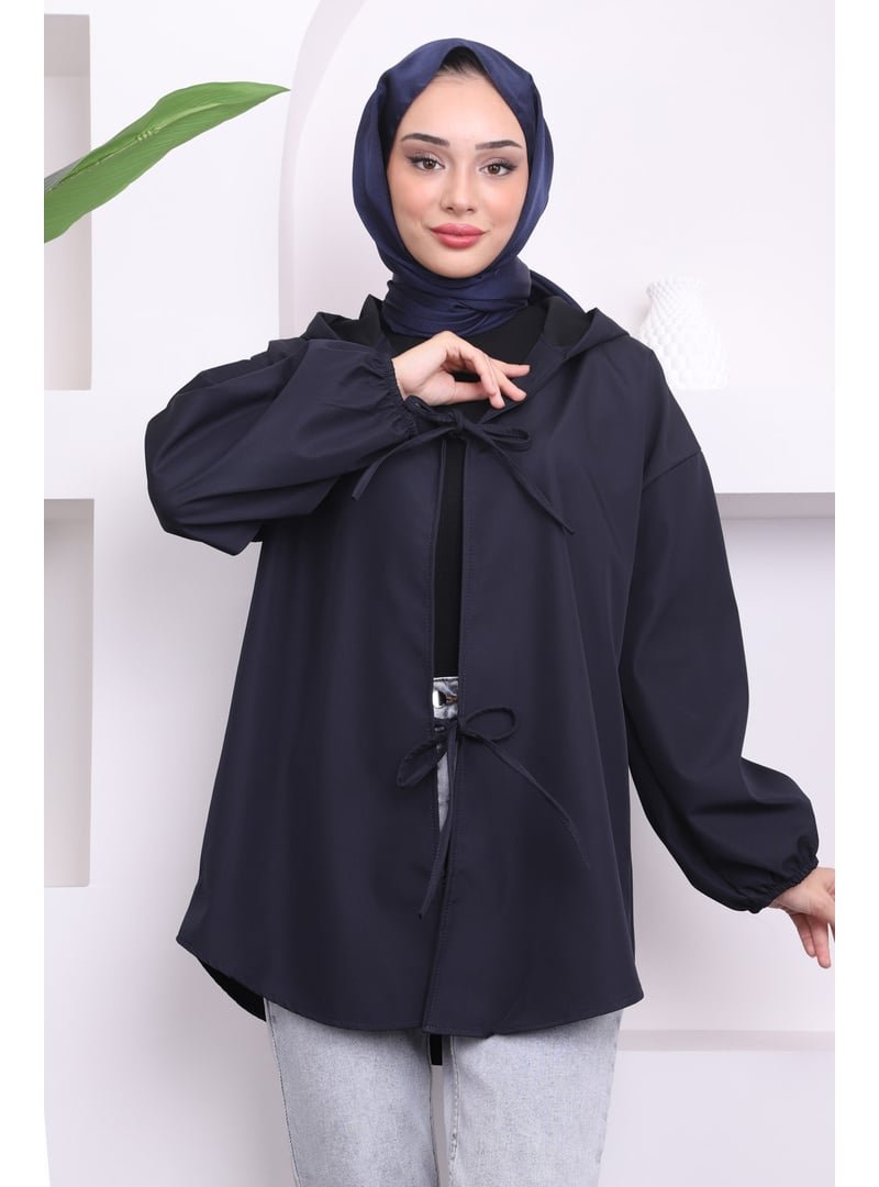 İmaj Butik Lacivert Ön Bağlamalı Kapüşonlu Kısa Trençkot