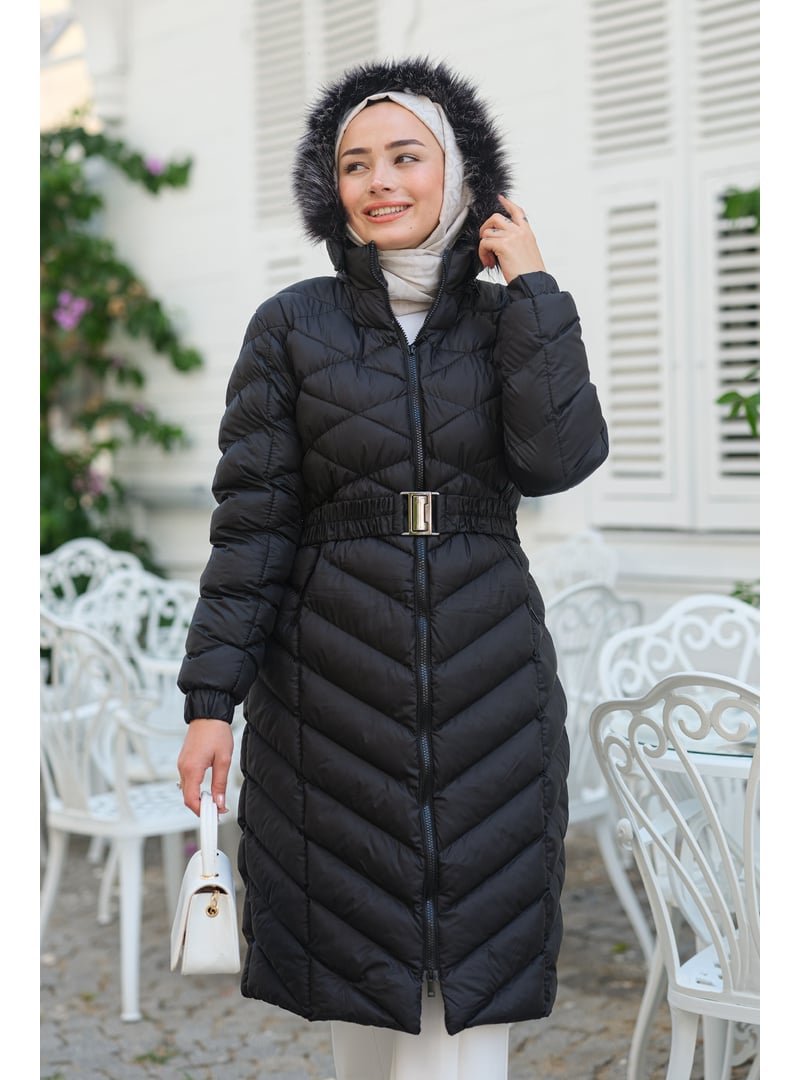 Locco Moda Siyah Kapüşonlu Kemer Detaylı Şişme Mont