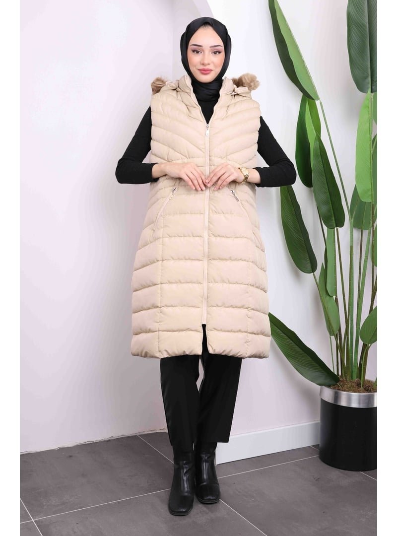 İmaj Butik Bej Büyük Beden Kürklü Şişme Yelek