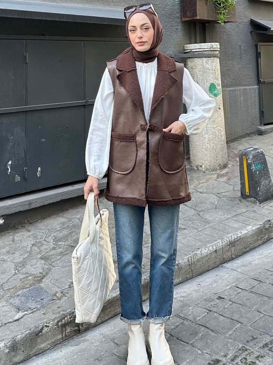 Lamelif Garnili I?çi Kürk Detaylı Deri Yelek