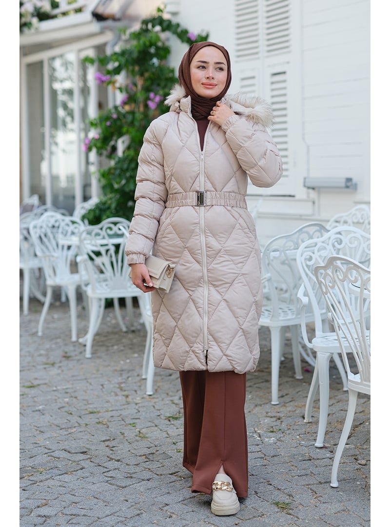 Locco Moda Bej Baklava Desenli Bel Bağlamalı Mont