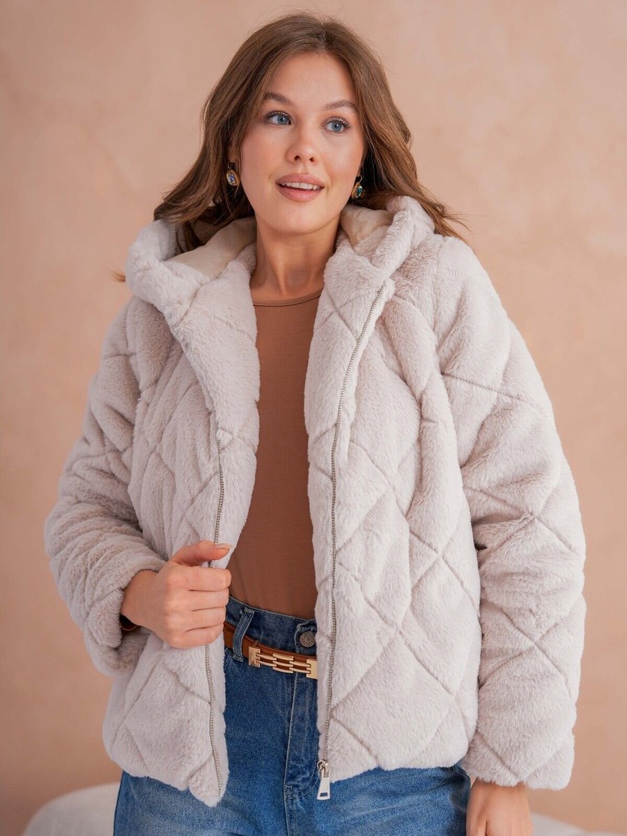 VOLT CLOTHİNG Bej Astarlı Kapüşonlu Peluş Mont