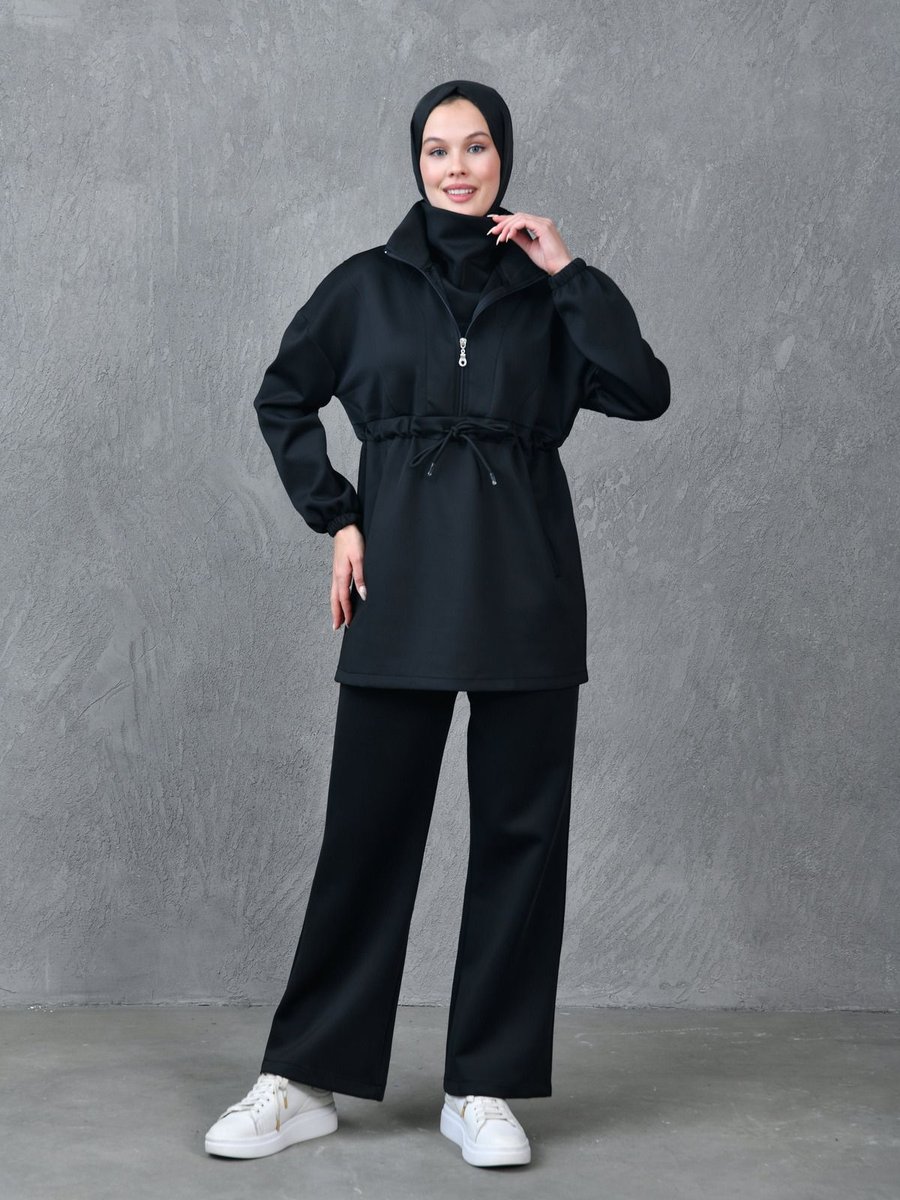 4s1b Fashion Dalgıç Kumaş Cep Detaylı Fermuarlı Oversize Giyim Siyah Eşofman Takımı