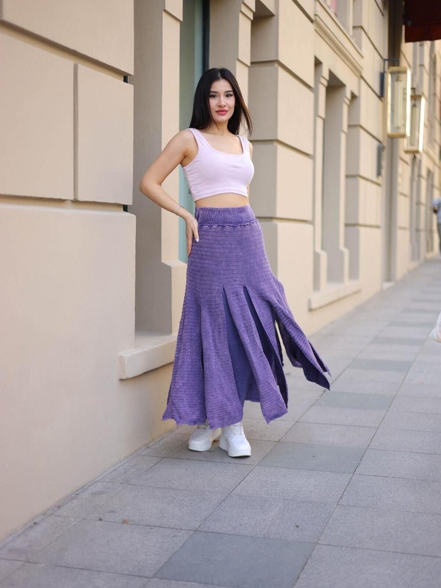 EREN STYLE Lila Bohem Yıkamalı Parçalı Beli Lastikli Astarlı Koton Uzun Etek