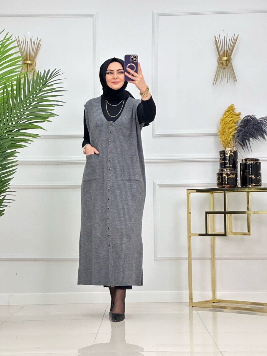 Enans Design Fitilli Triko Yelek, Uzun Elbise Görünümlü Yelek