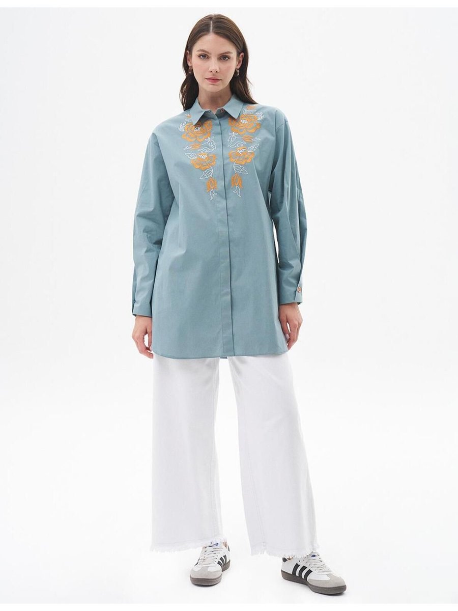 Kayra Nakış Işlemeli Poplin Tunik Mint