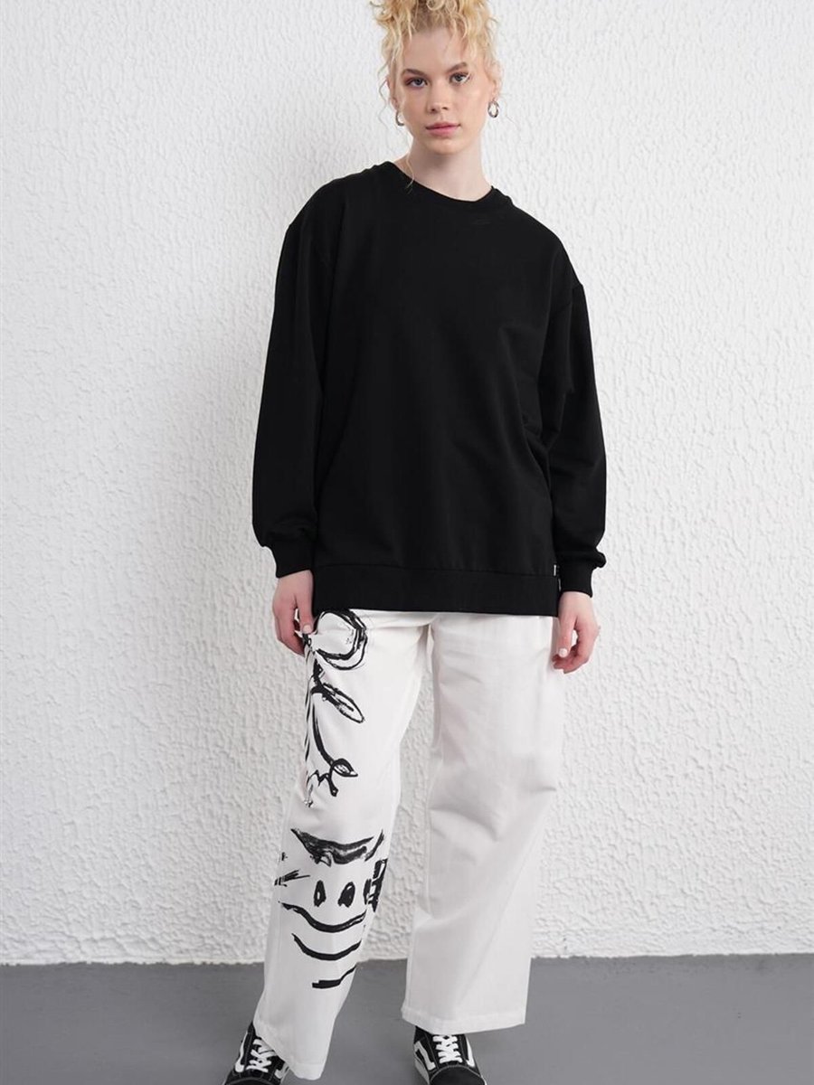 Kayra İki İplik Basic Siyah Sweatshirt