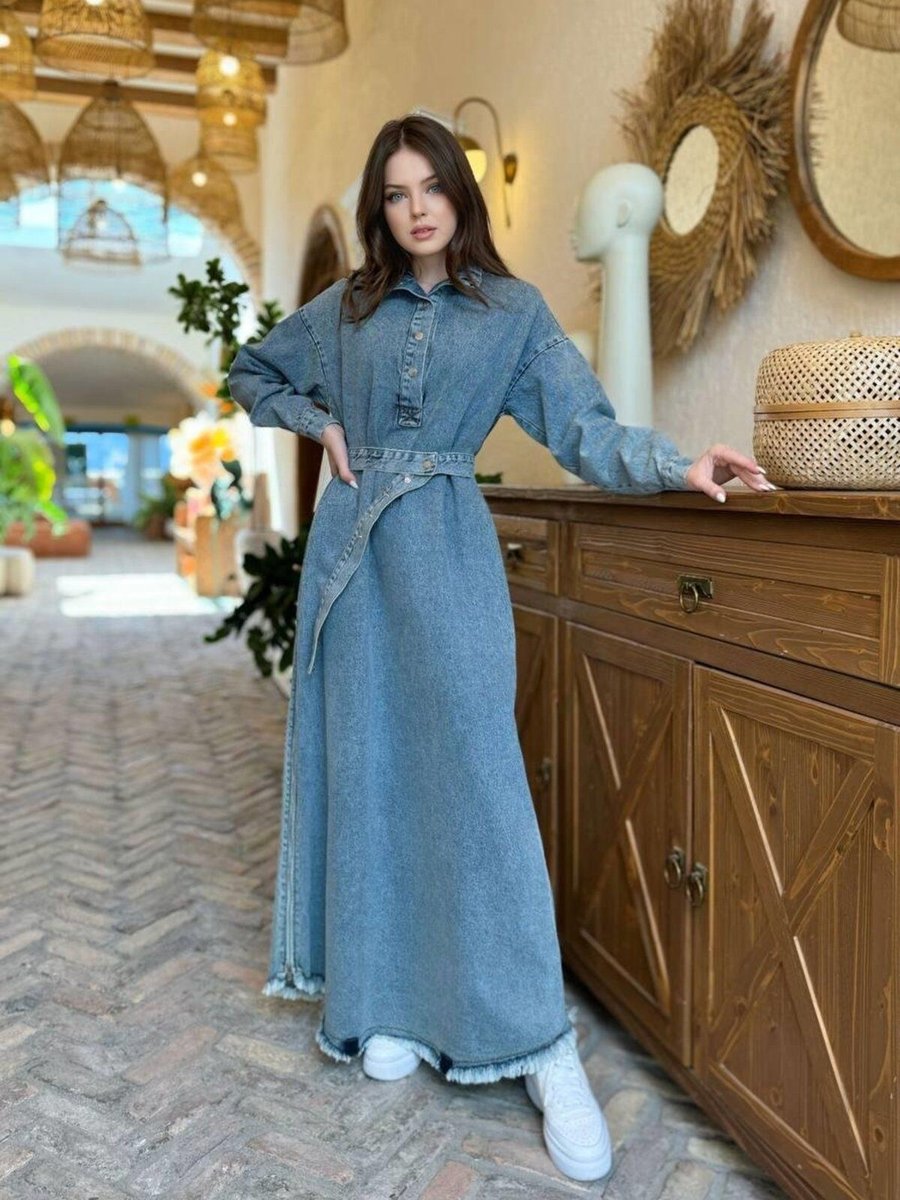 Cardella Premium Kalite Kot Fermuar Ve Kemer Detaylı Denim Elbise