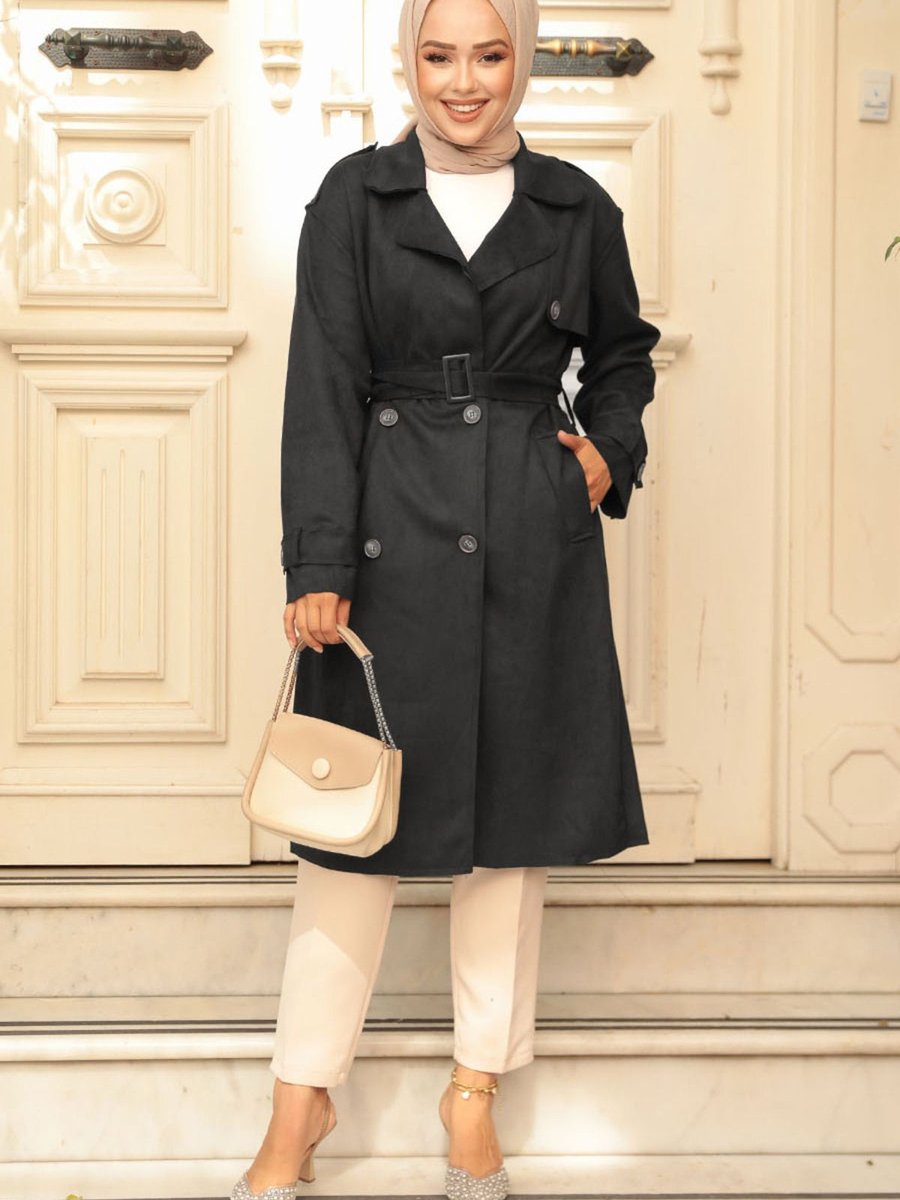 Neva Style Kemerli Süet Siyah Trençkot