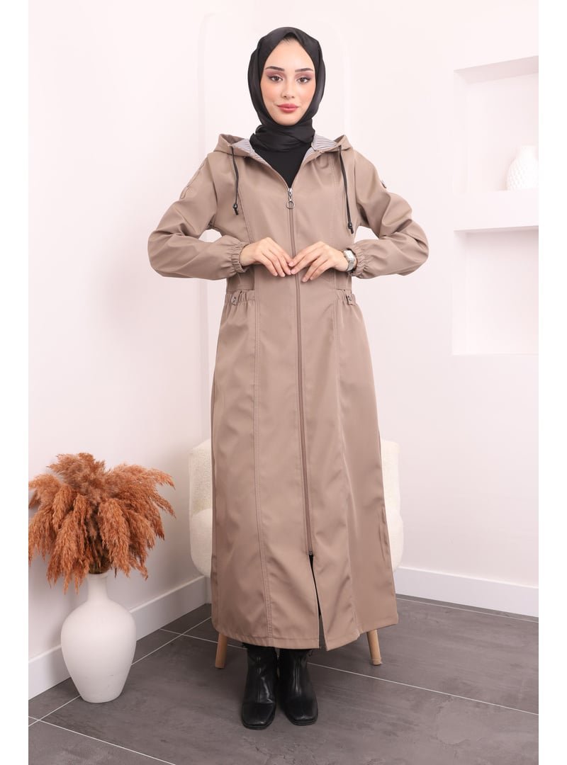 İmaj Butik Vizon Kapüşonlu Kol Lastikli Uzun Trençkot