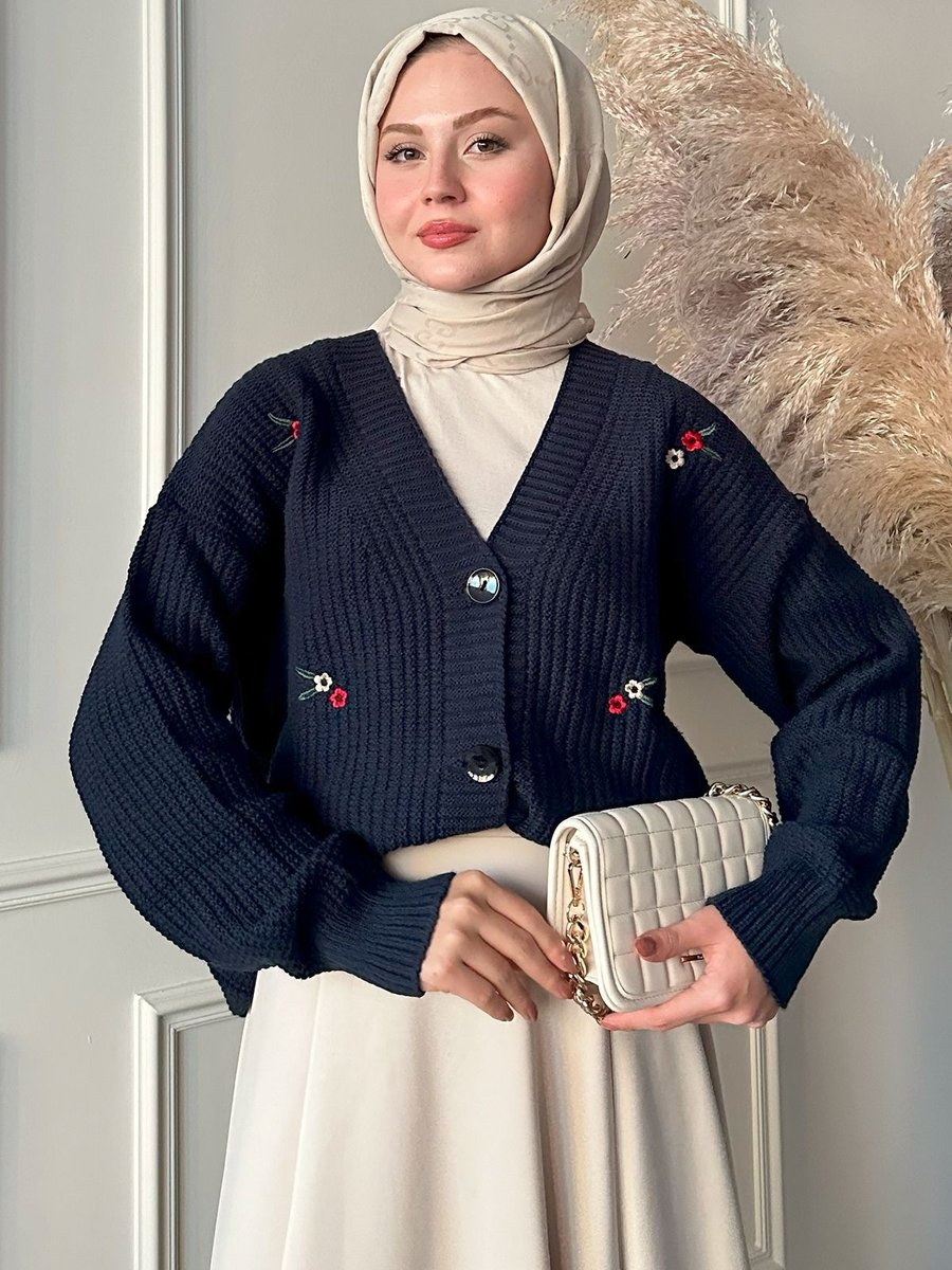 Instyle Helly Papatya İşlemeli Hırka Lacivert