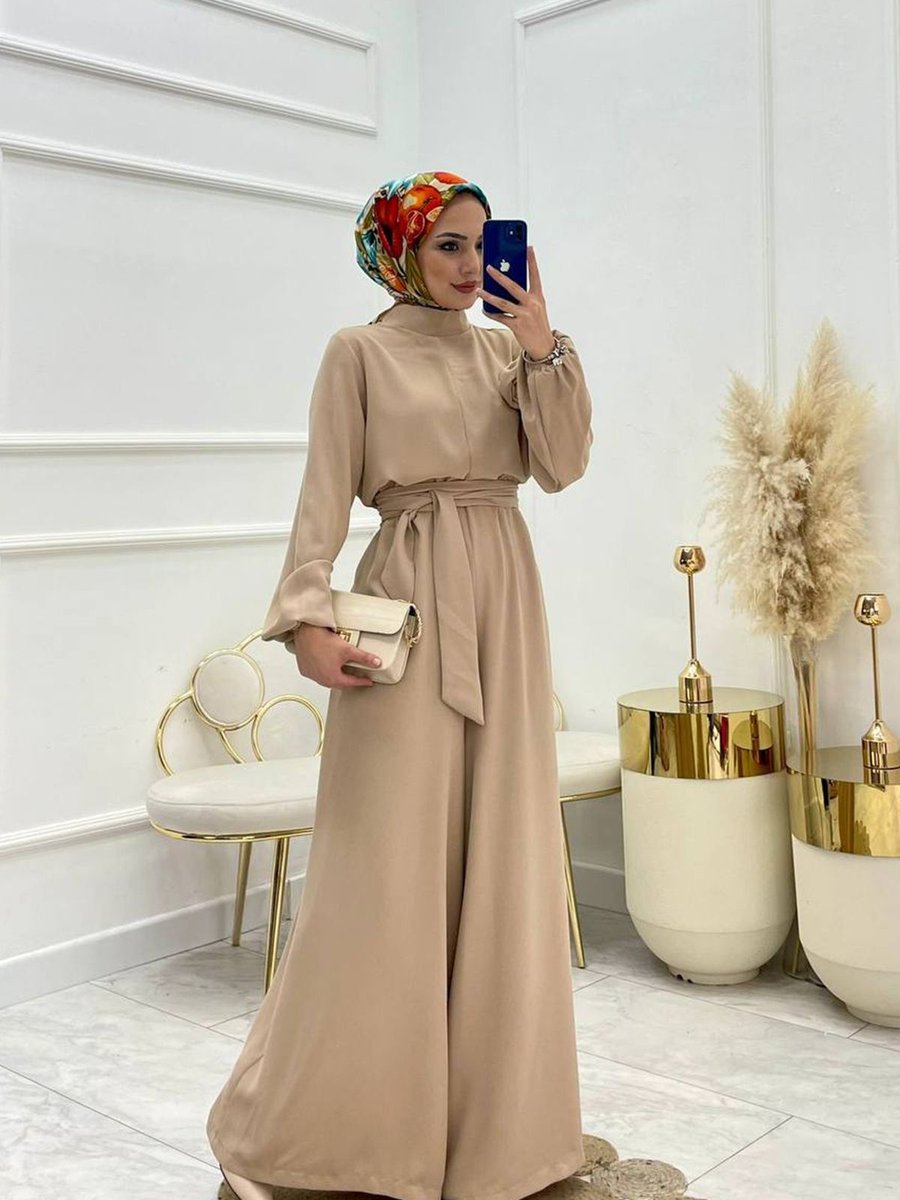 Xxl Butik Xxl Butik Kadın Bej Kuşaklı Gül Detaylı Salaş Tulum