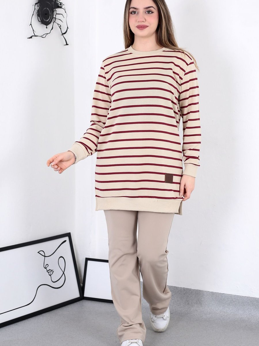 Modapelsu İki İplikli Tesettür Tunik Çizgili Sweatshirt