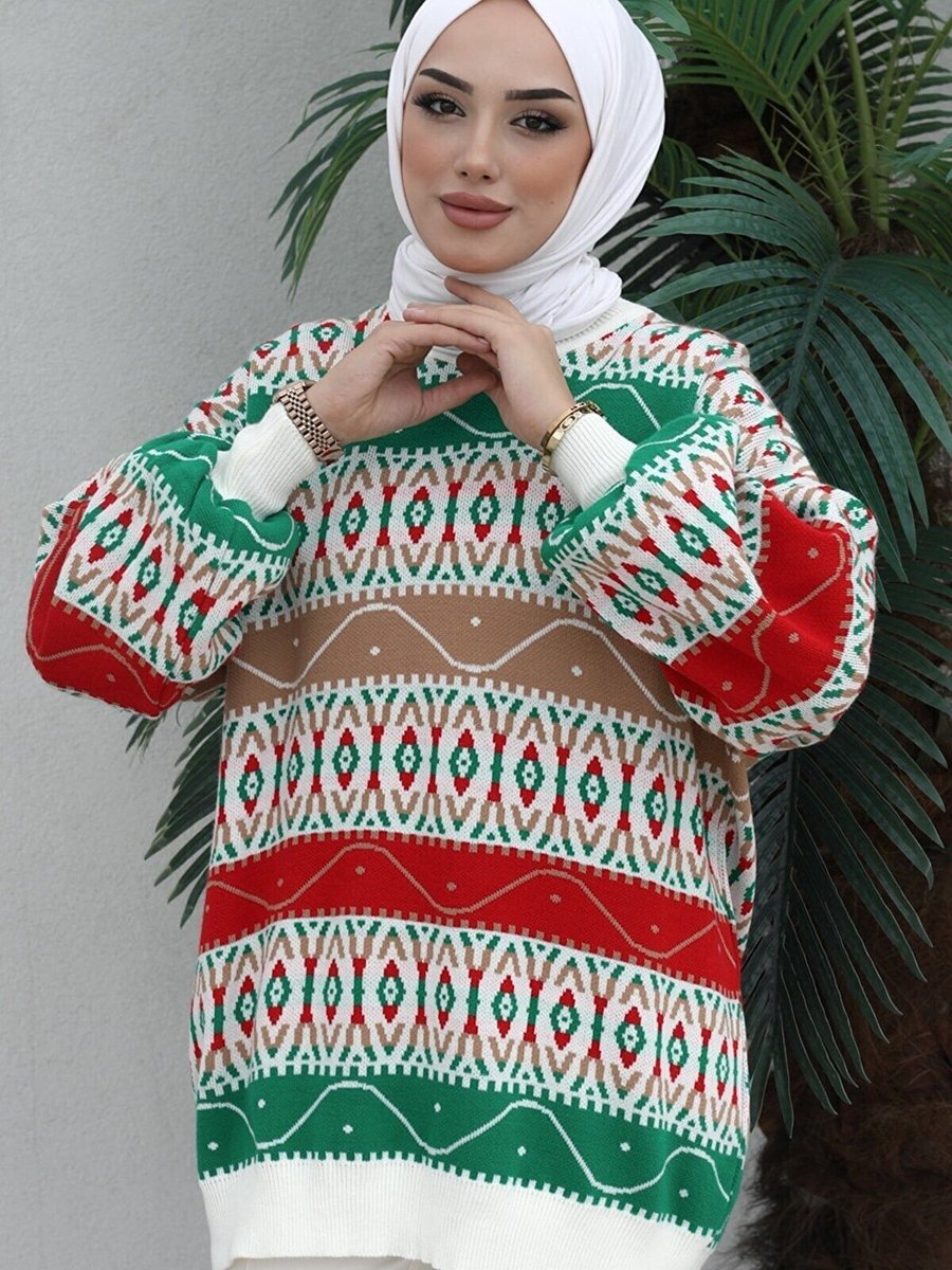 Egelite Modest Triko Desenli Salaş Kışlık Şık Balon Kollu Tarz Tunik