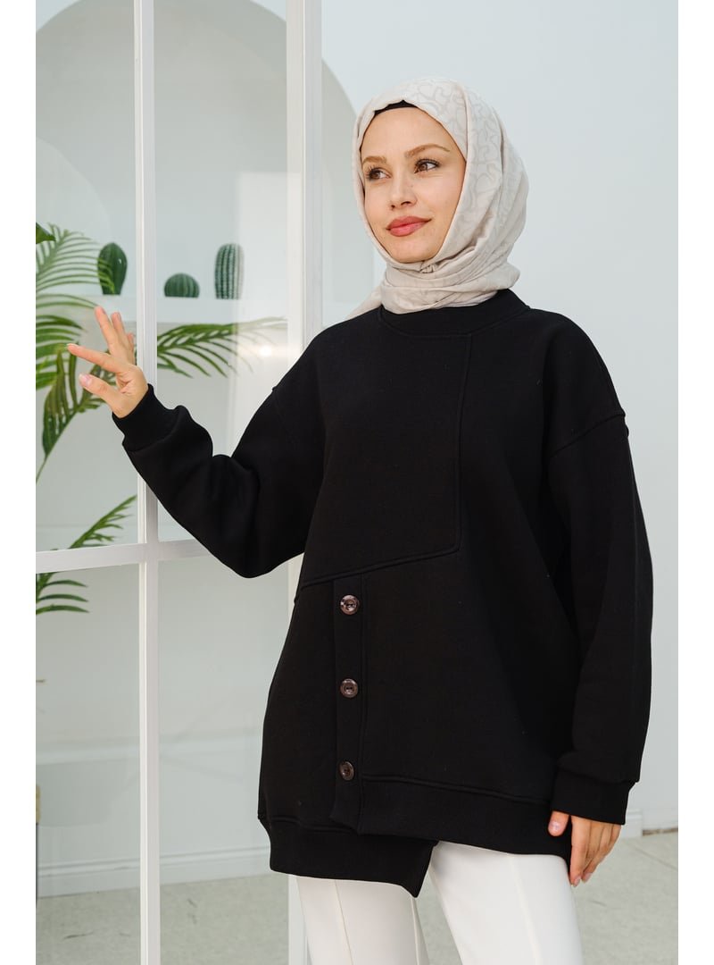 Locco Moda Siyah Ön Düğme Detay Oversize Sweat