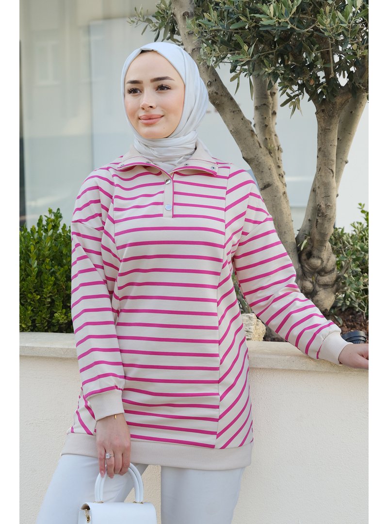 Locco Moda Fuşya Önü Çıt Çıtlı Çizgili Sweat