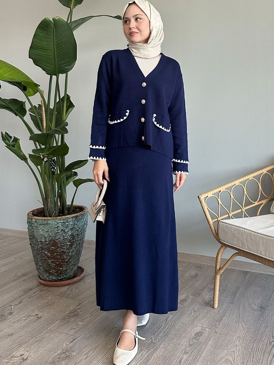 Instyle Dikiş Detay Etekli Lacivert Triko Takım