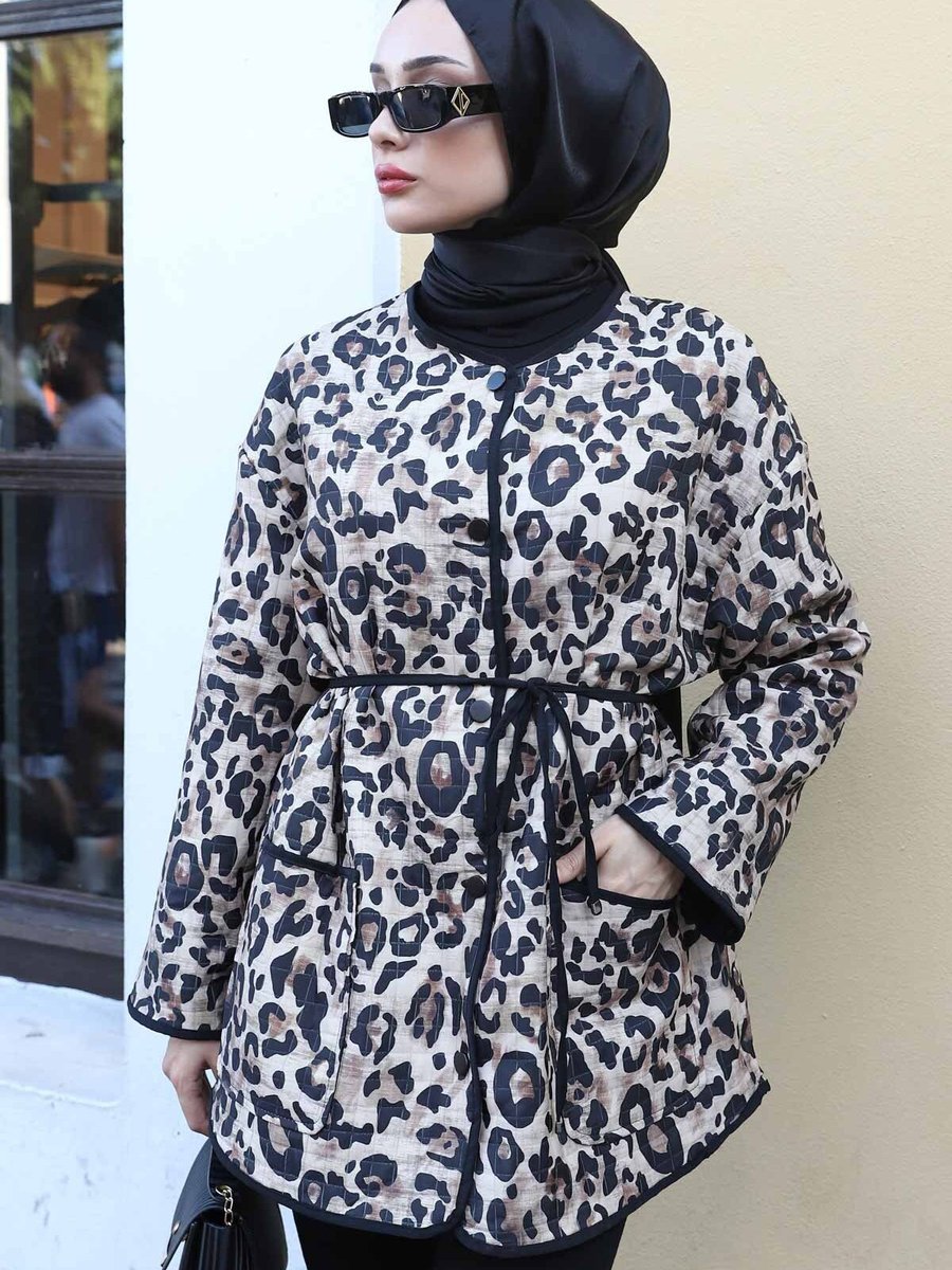İmajbutik Siyah Leopar Desenli Kapitone Ceket