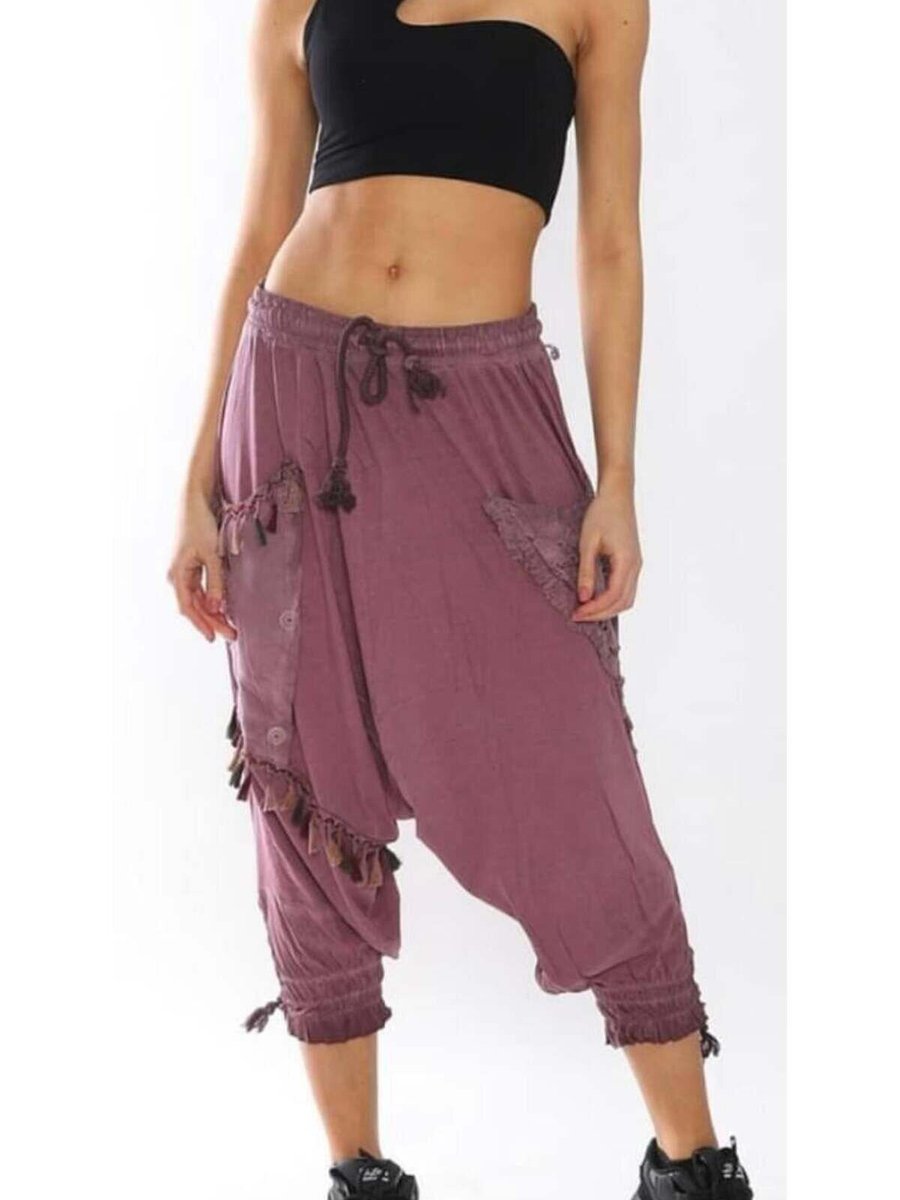 Bohem Stil Mürdüm Beli Bağlamalı Düğme Detaylı Bohem Şalvar