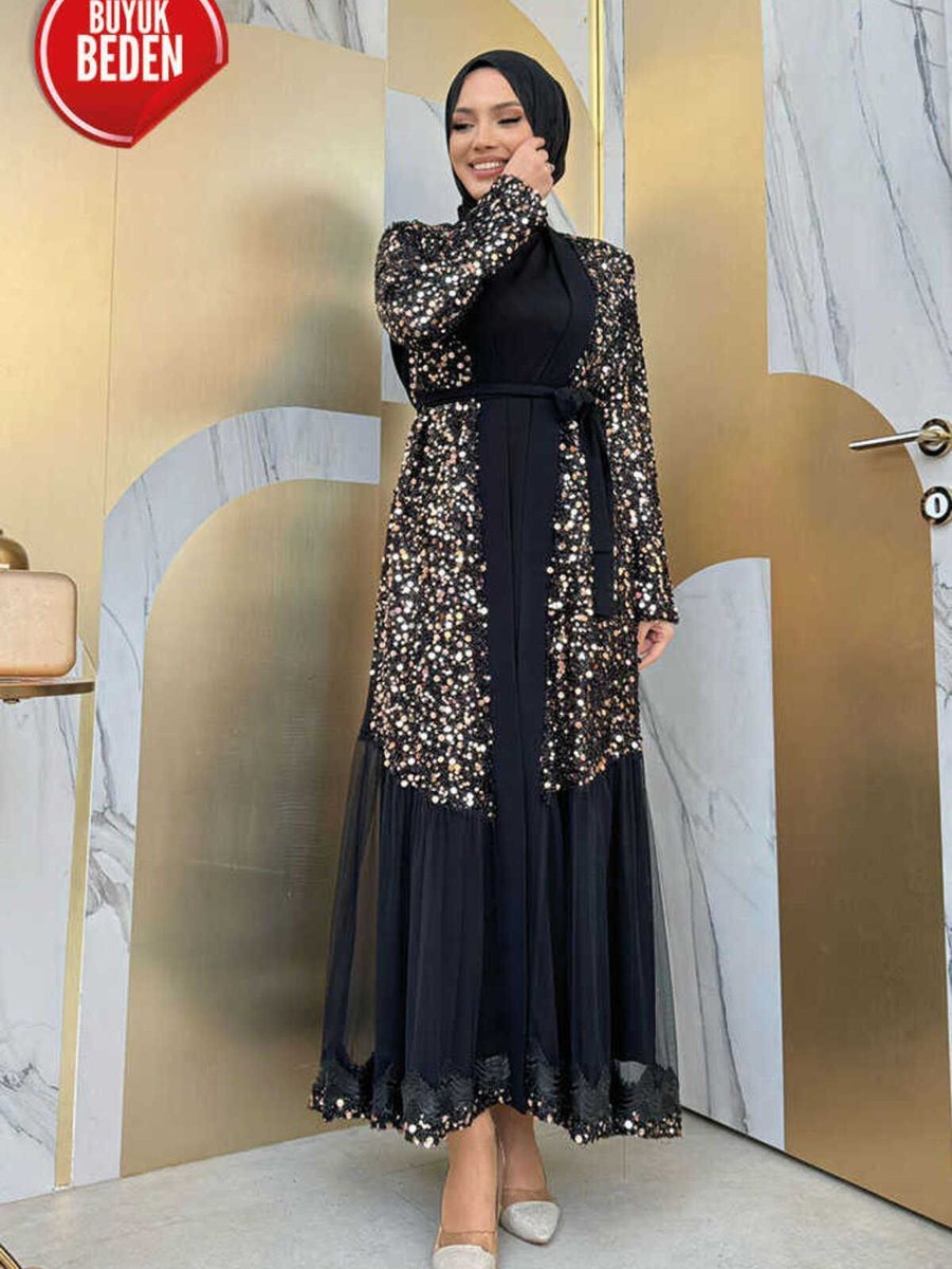 Bym Fashion Büyük Beden Tül İşleme Detay Pul Payetli Abaya Gold