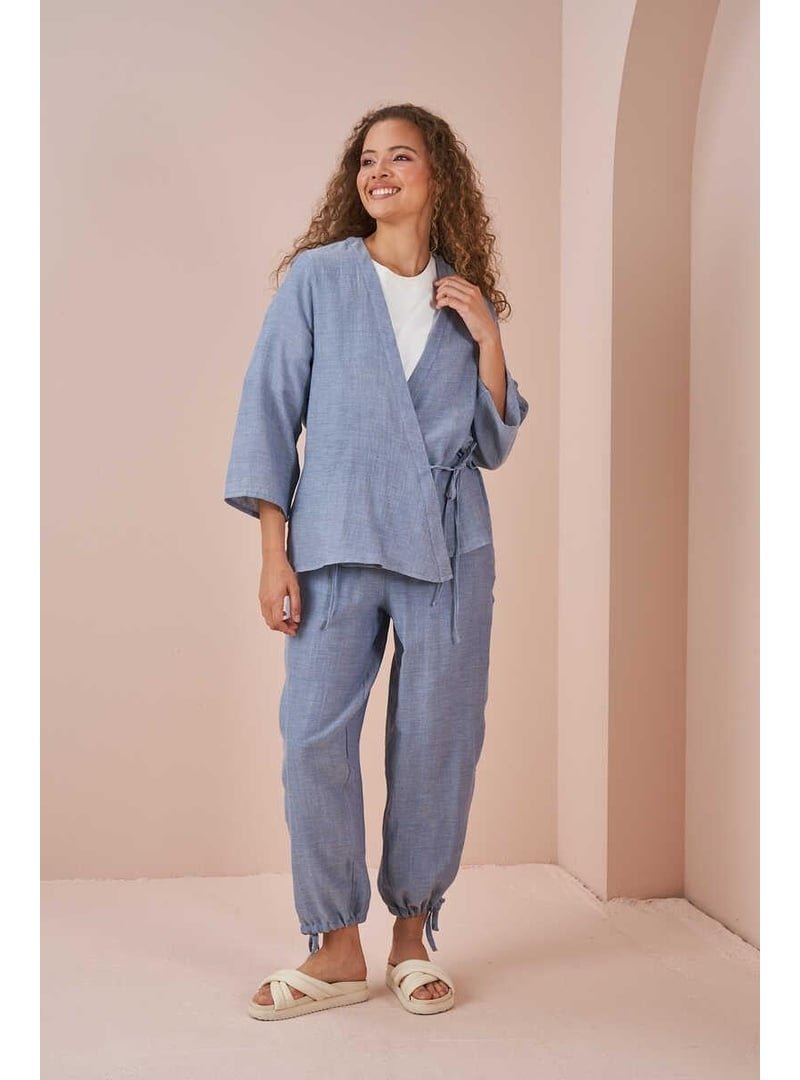 Mevra Mavi Kruvaze Kimono Müslin Bluz