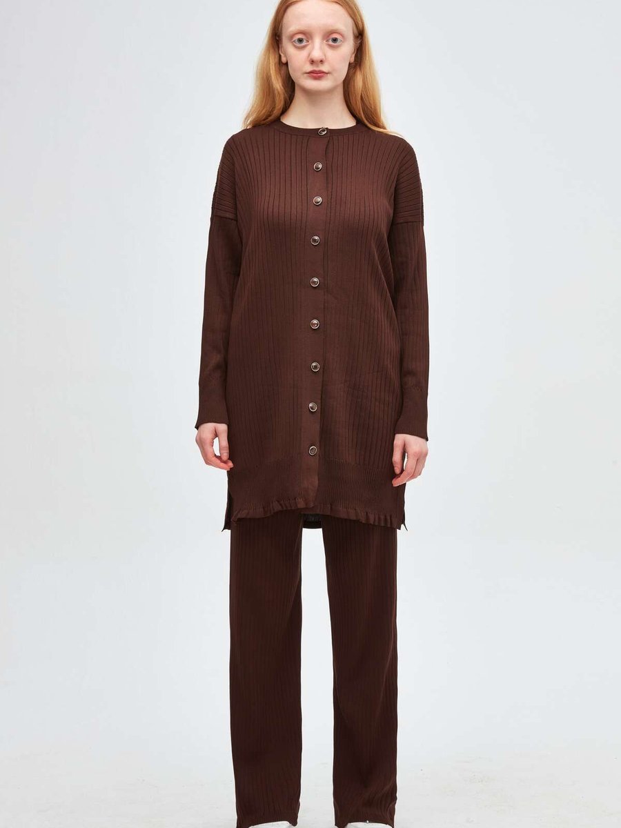 Knitlove Düğme Detaylı Fitilli Oversize Merserize Premium Alt Üst Takım
