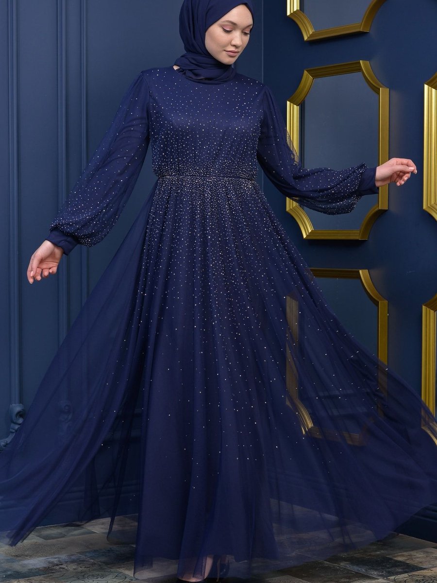 Poplinmoda Taşlı Tesetür Abiye Elbise Lacivert