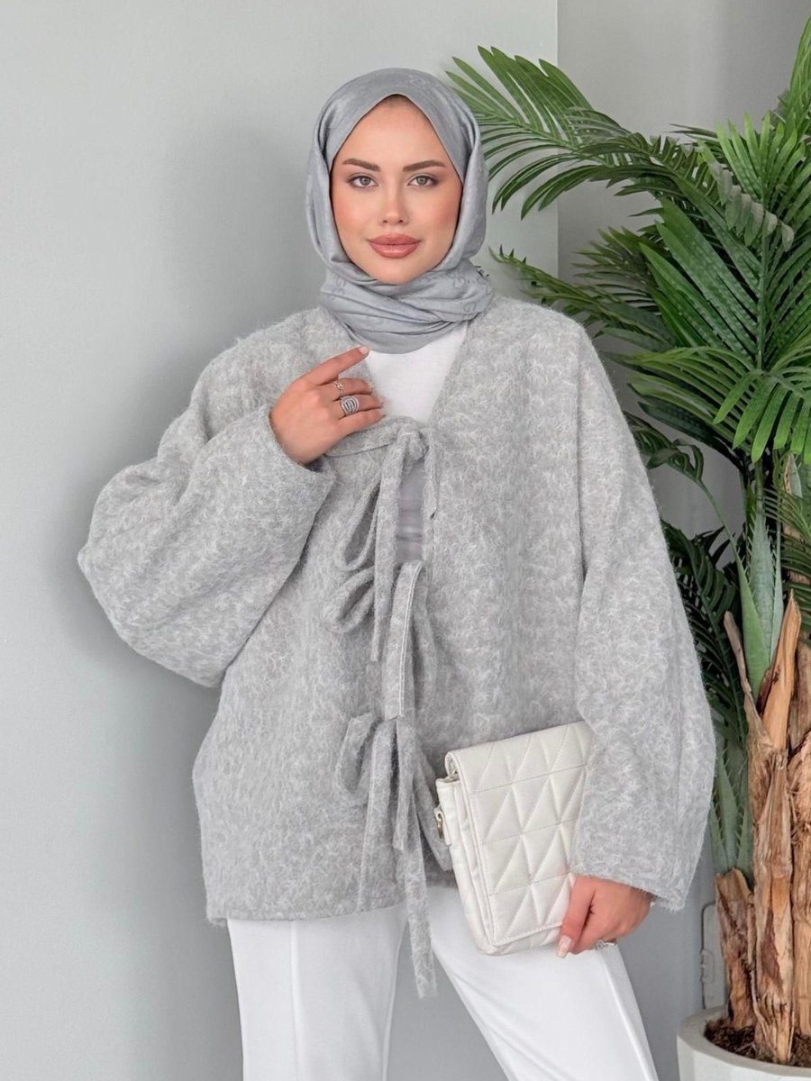 Haza Moda Bağlamalı Kırçıl Kaşe Ceket Gri