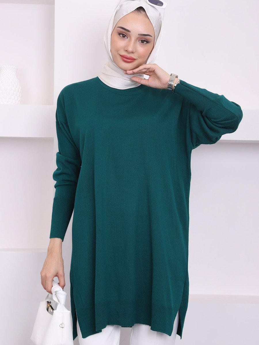 İmajbutik Zümrüt Yeşili Bisiklet Yaka İnce Merserize Salaş Triko Tunik