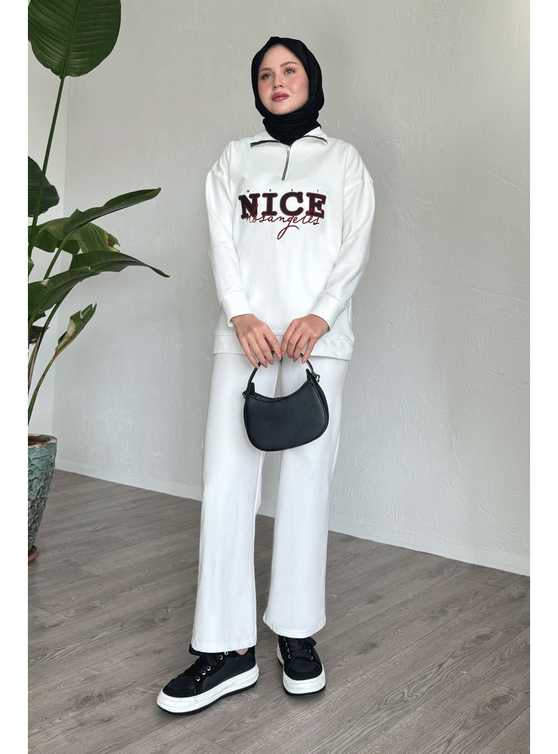 InStyle Nice Yazılı Fermuarlı Beyaz İkili Takım