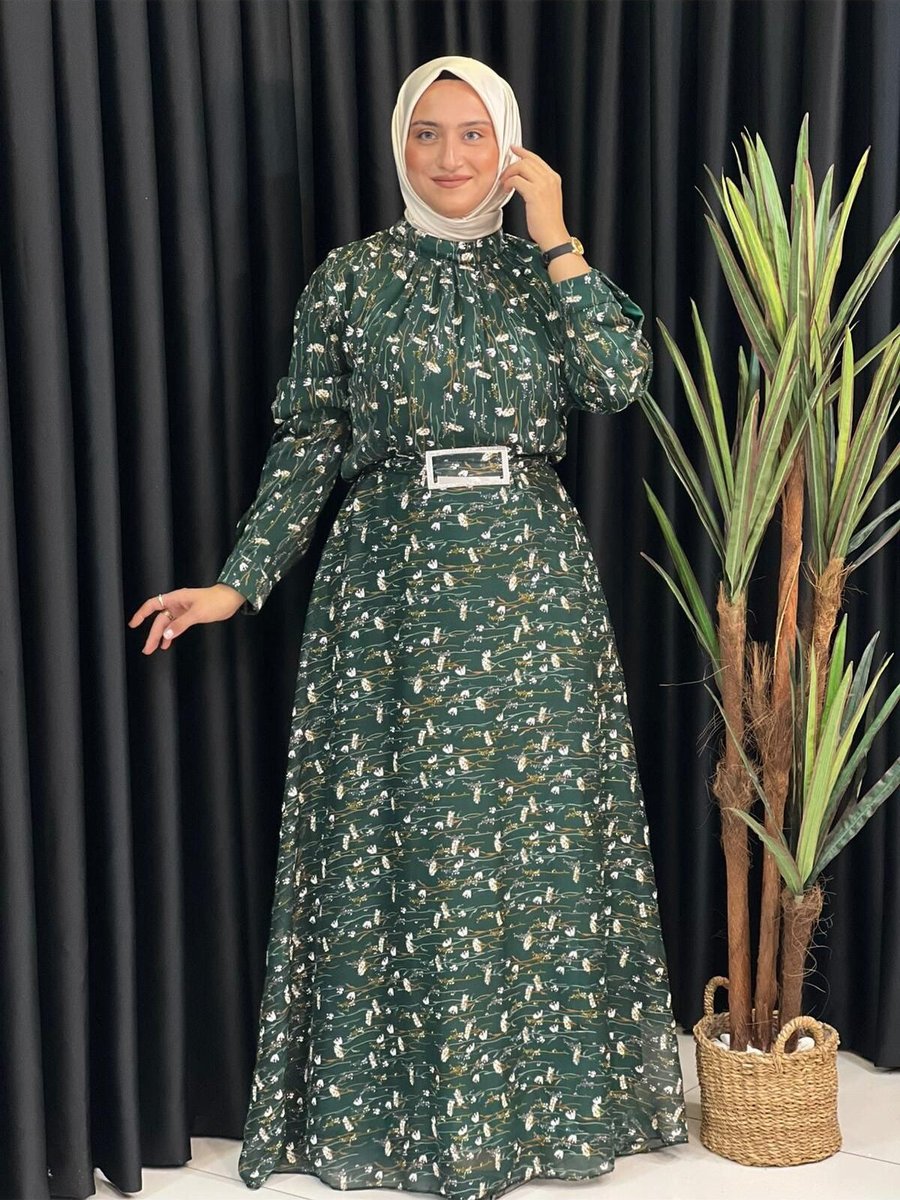 Butik Büyük Beden Desenli Şifon Kloş Elbise