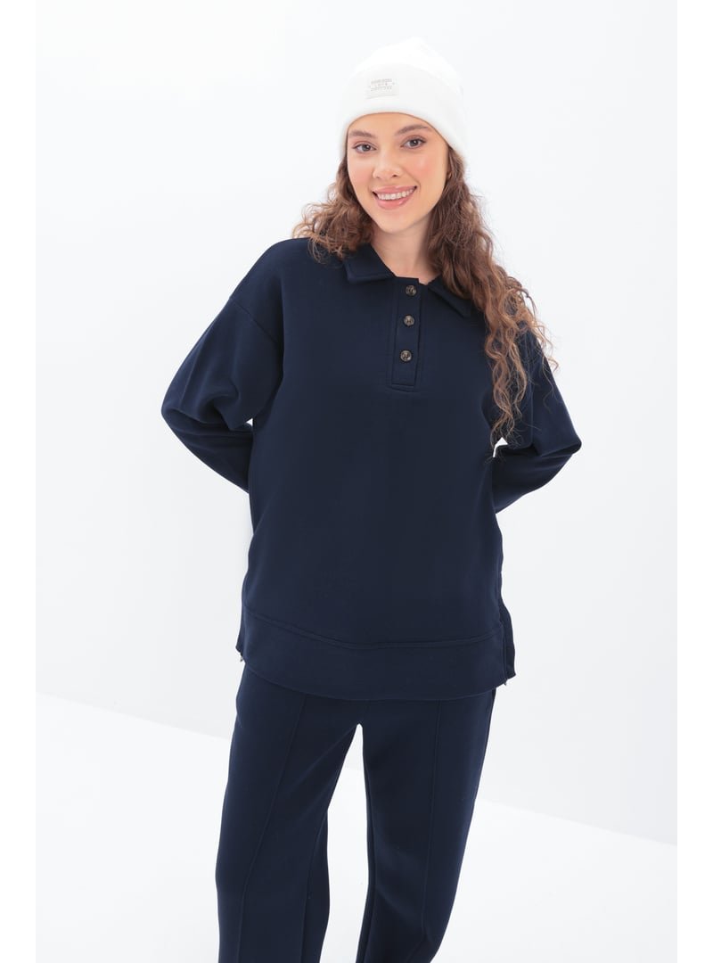 Allday Lacivert Yanları Fermuarlı Yakalı Sweat Tunik