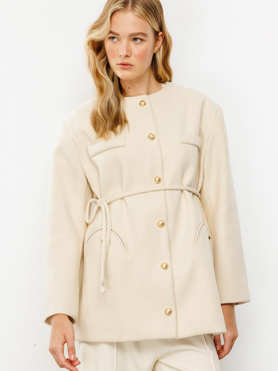 Hooopstore Gold Metal Düğmeli Kaşe Krem Blazer Ceket