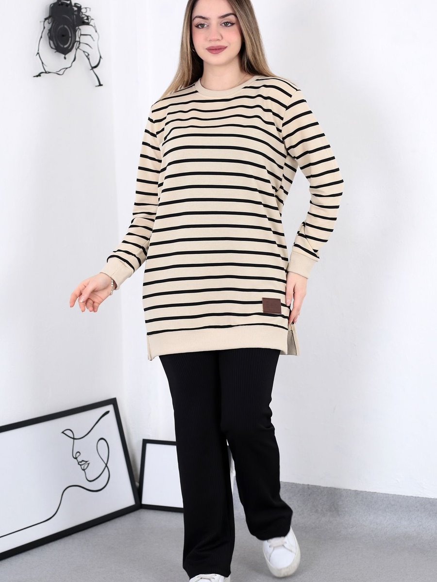 Modapelsu İki İplikli Tesettür Tunik Çizgili Sweatshirt